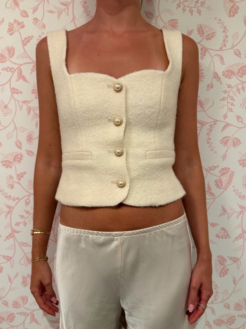 Reformation Cream Cropped Vest with Pearl Buttons